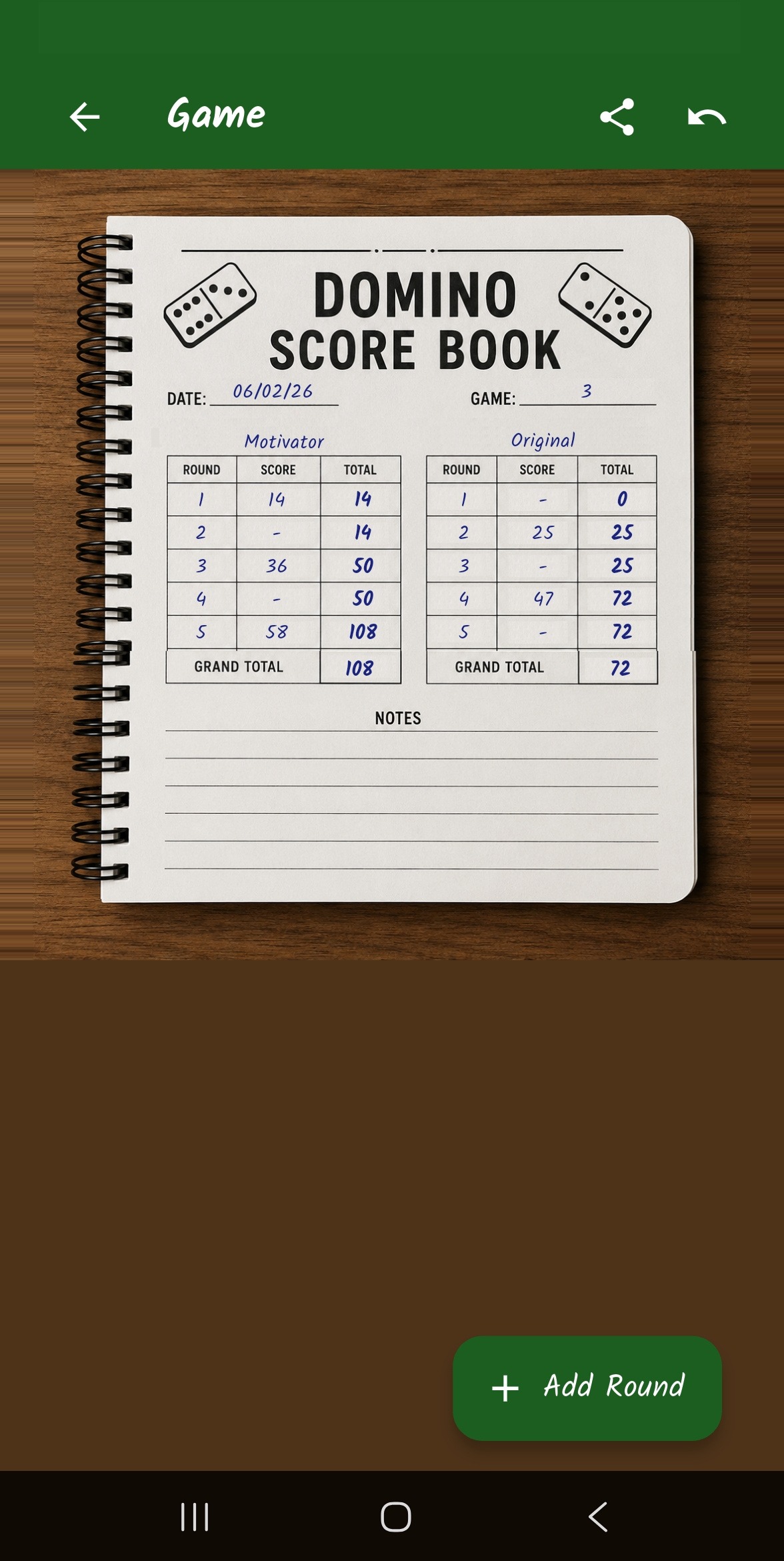 TeGanamos score book screen